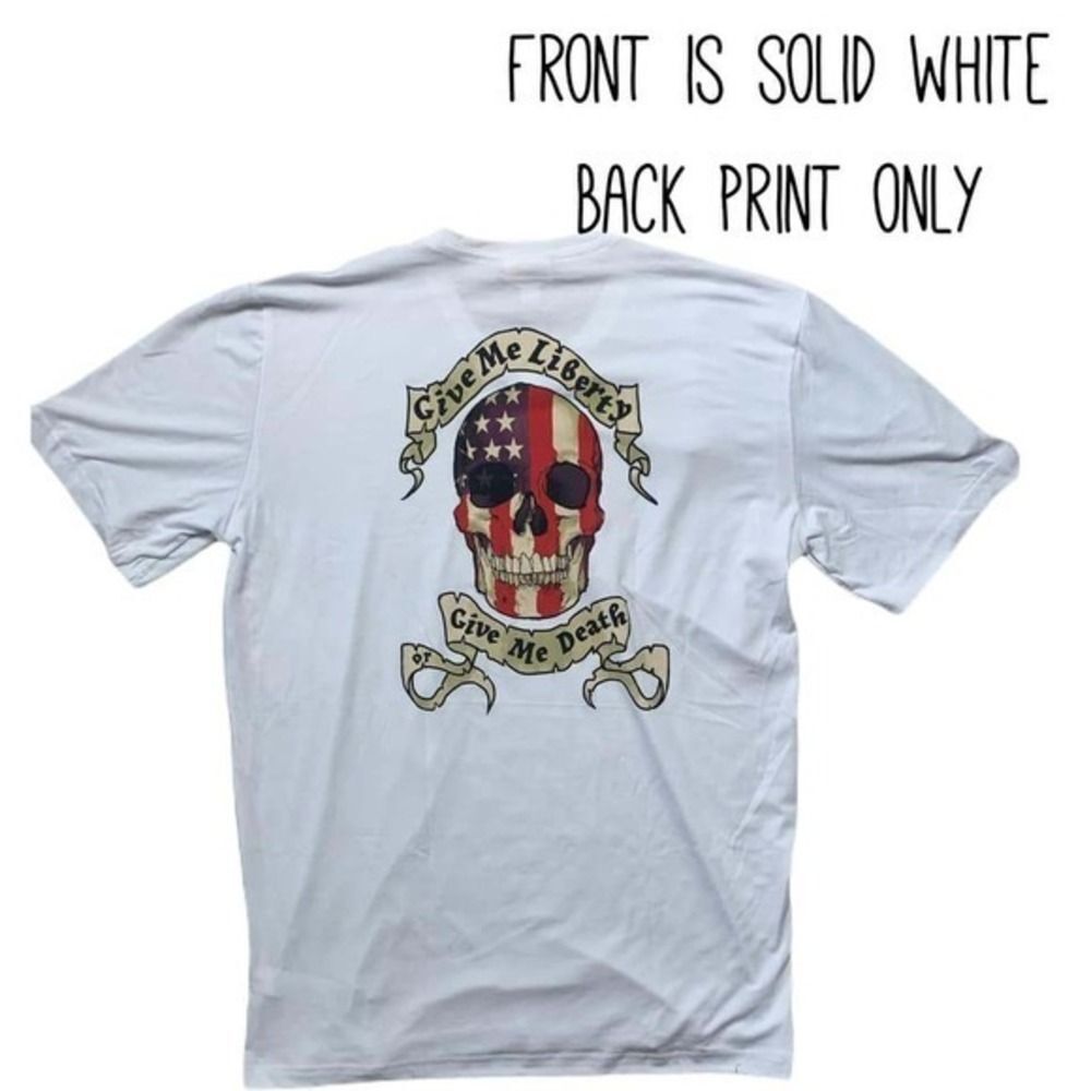 LuLaRoe M Devin Unisex T-Shirt White Patriotic Skull Give Me Liberty USA Back